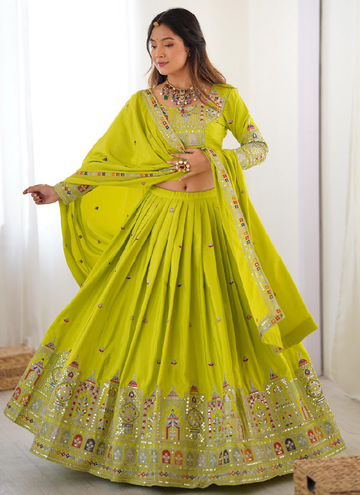 Elegant Lime yellow Crepe silk Festive and Party wear lehenga choli